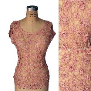 Vintage 90s Pink Lace Short Sleeved Crocheted Sweater